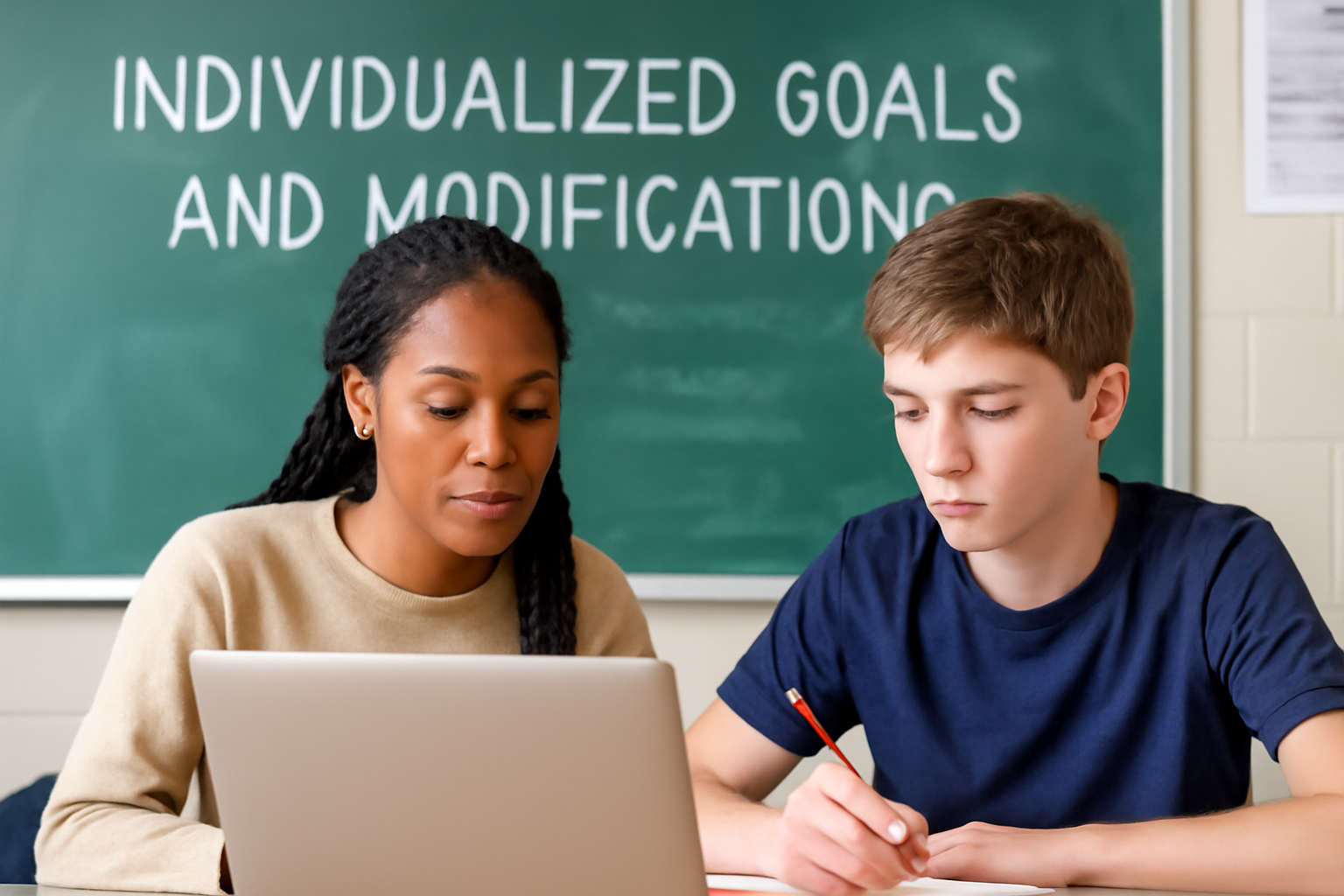 Teacher and student collaborating on individualized learning goals in a classroom setting with "Individualized Goals and Modifications" written on the chalkboard.