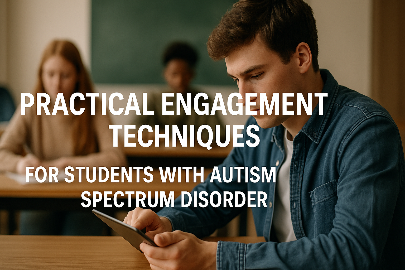 A teenage student with autism spectrum disorder focused on a tablet in a classroom, representing practical engagement strategies.