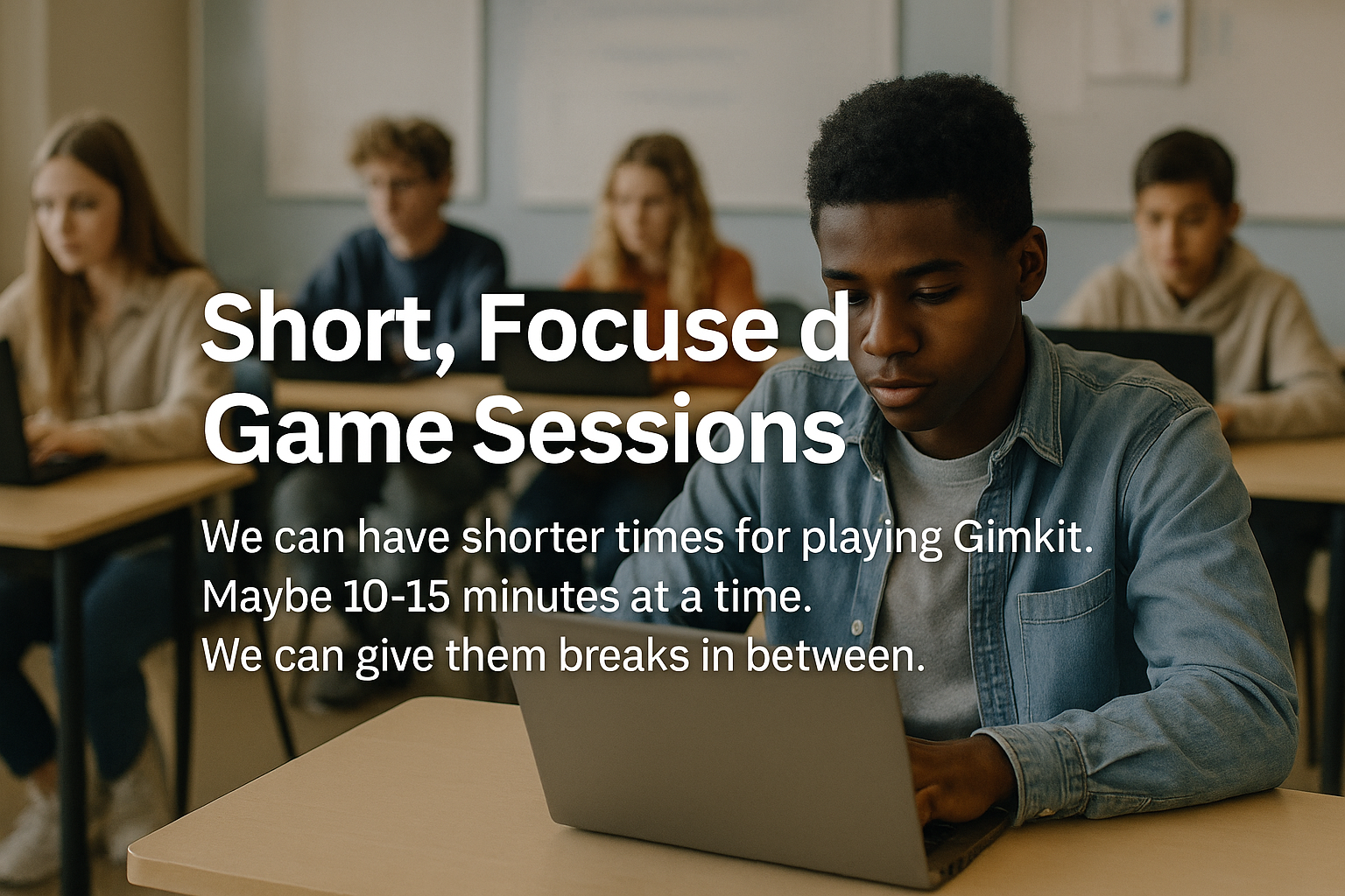 Group of middle school students using laptops in a classroom for short 10-15 minute Gimkit game sessions, promoting focus with breaks in between.