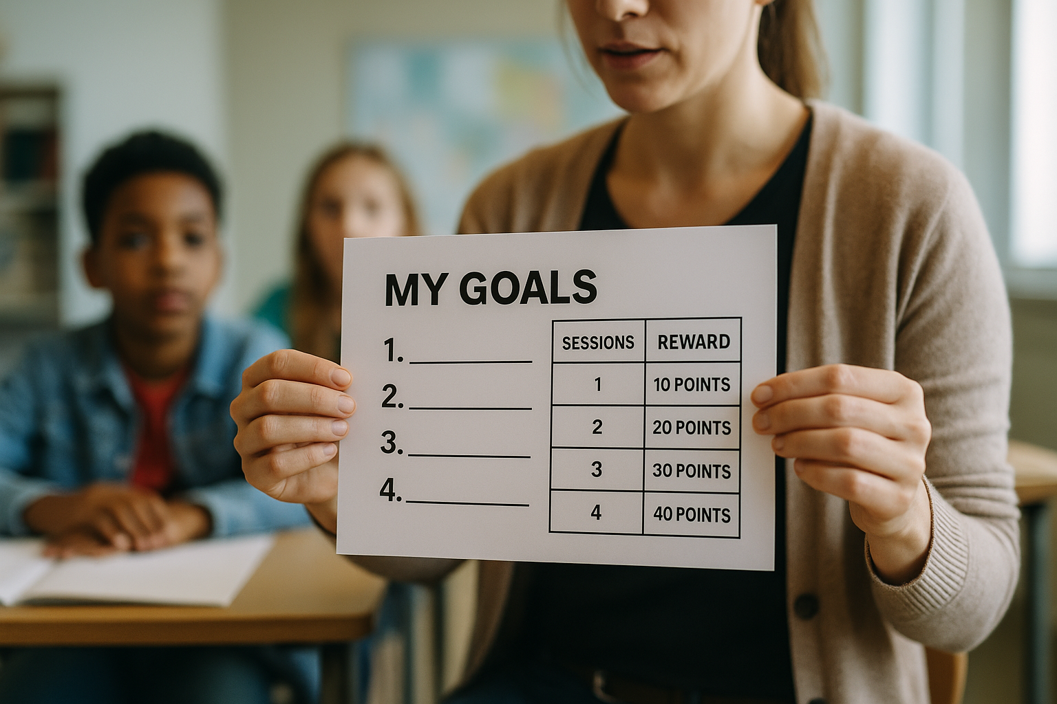 A teacher presents a goal and reward chart to a diverse group of students in a classroom, encouraging achievement and engagement through clear objectives and incentives.