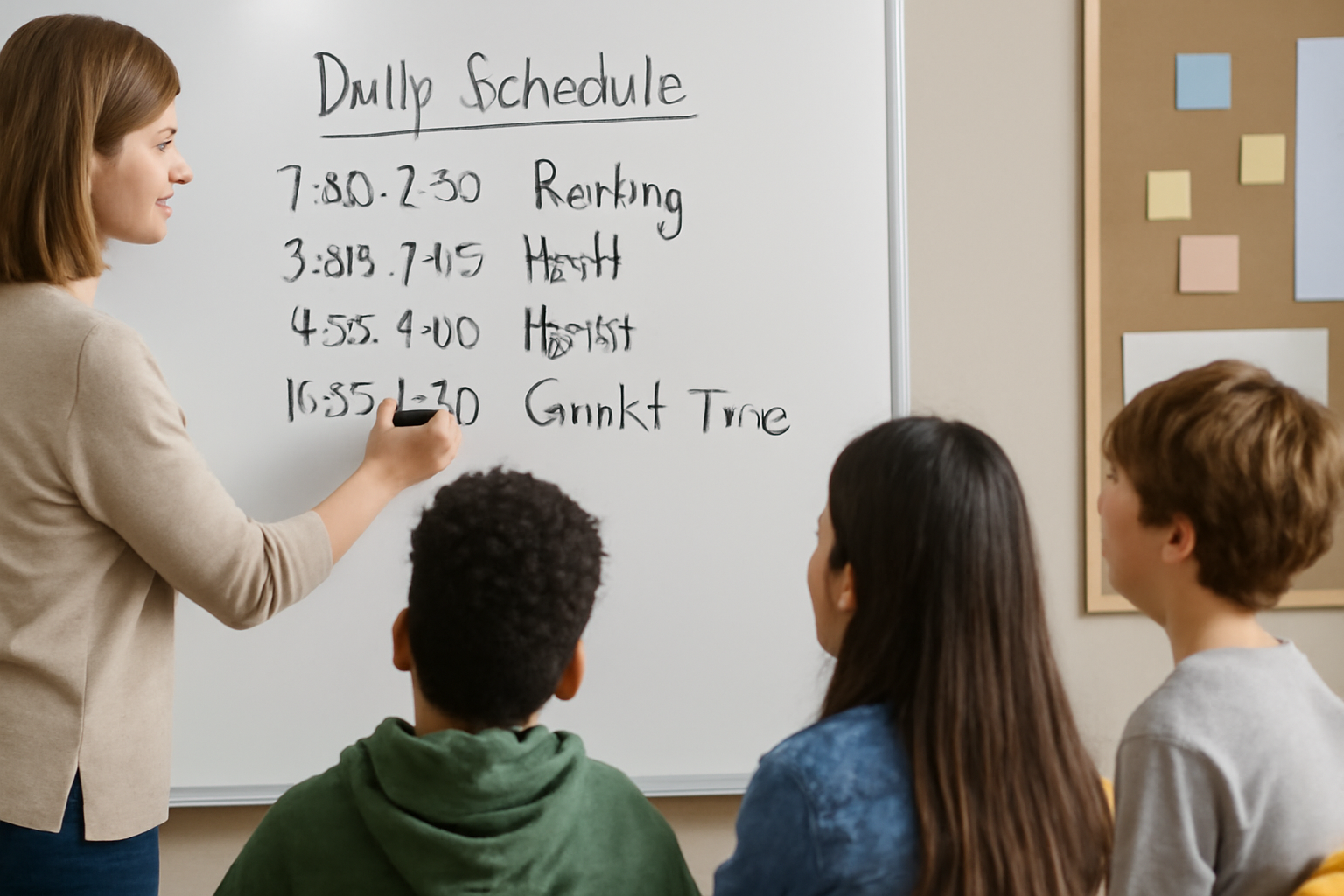 A teacher writing a structured daily classroom schedule on a whiteboard, including a set time for Gimkit, as students observe to understand the routine.