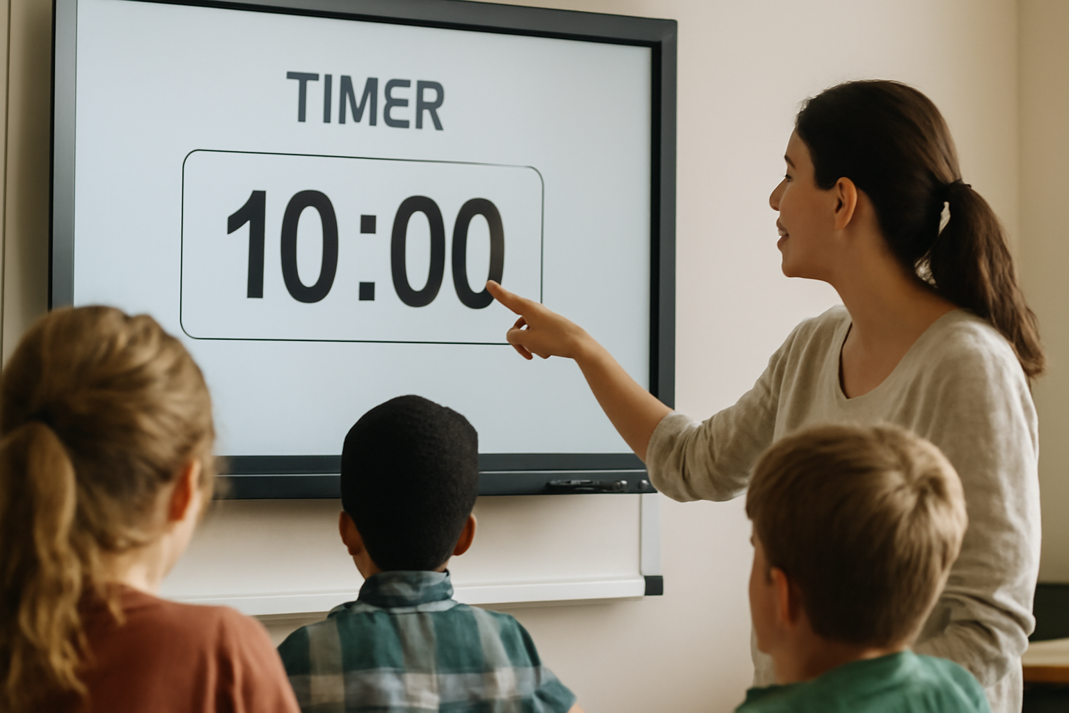 Teacher pointing at a large digital timer on a smartboard to help students stay focused and manage time during an educational game.