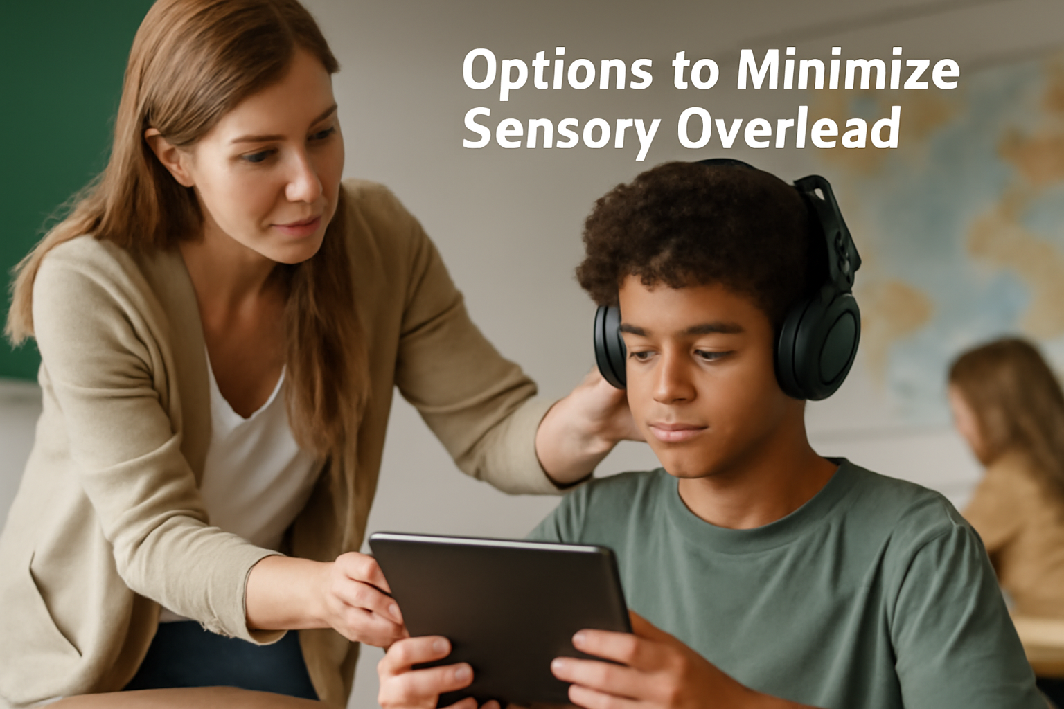 A teacher adjusting headphones on a student to minimize auditory distraction while he uses a tablet in a calm classroom environment.