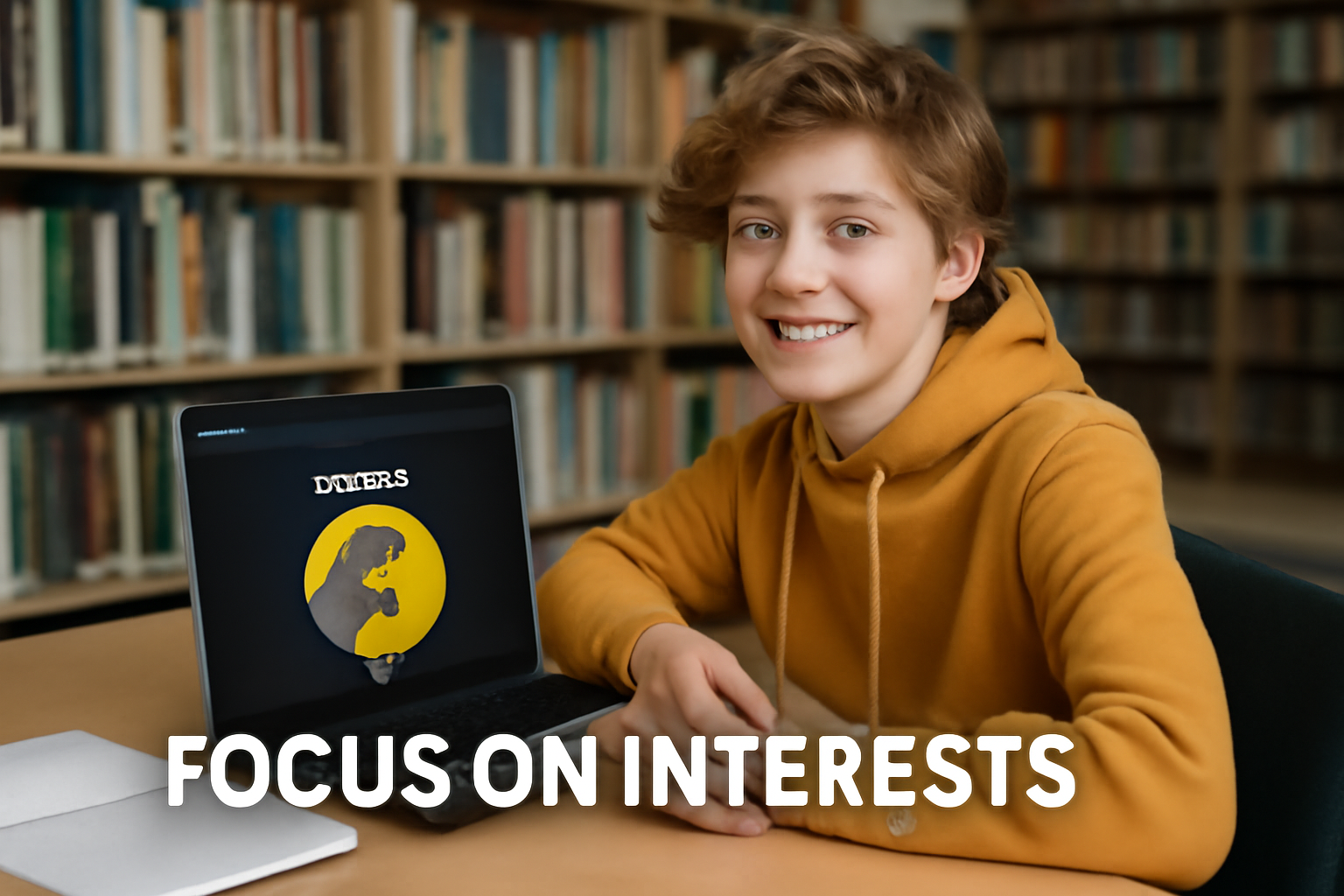 Teen student engaging with a dinosaur-themed Gimkit game on a laptop in a library, highlighting the importance of focusing on students' personal interests for effective learning.