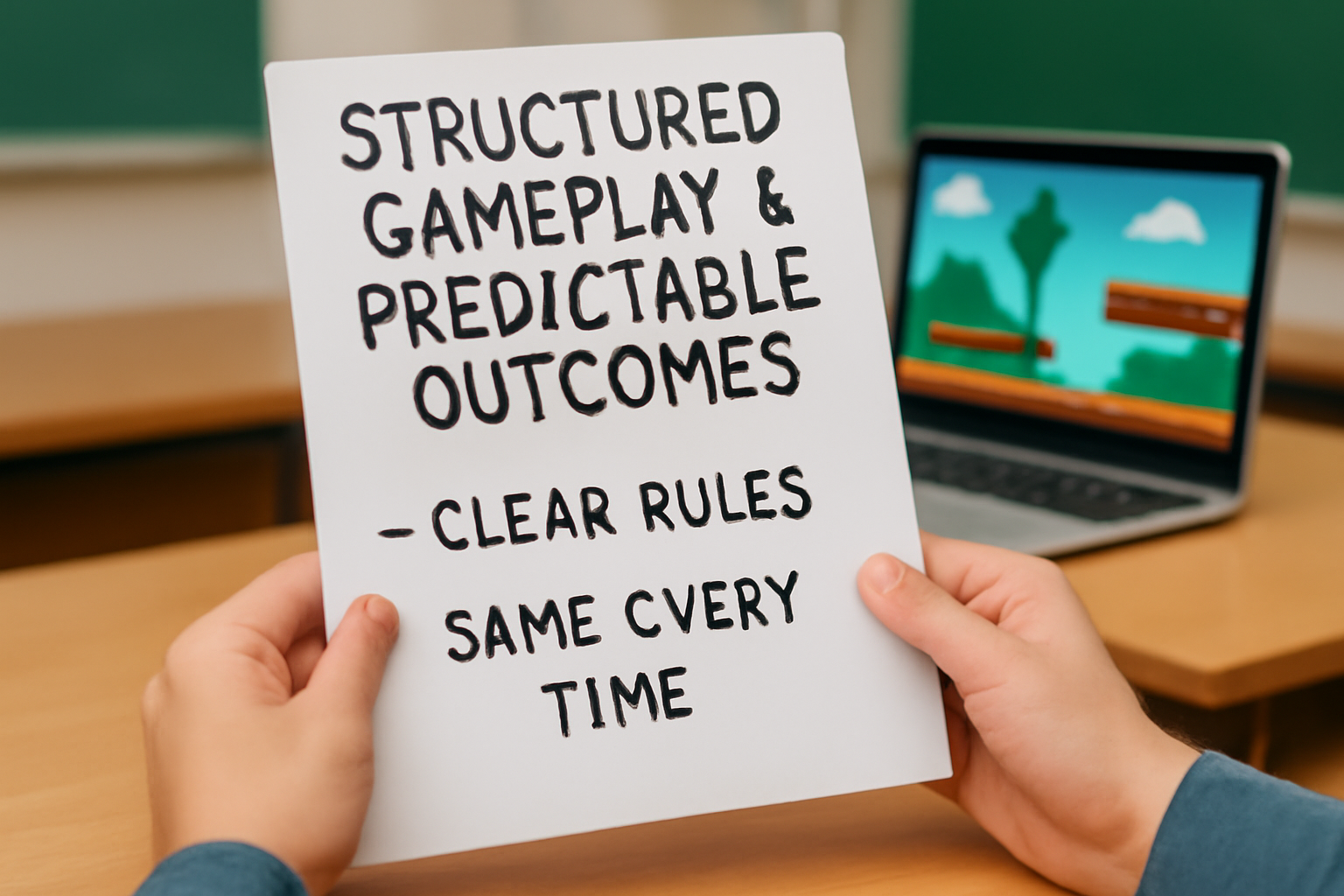 Realistic image showing a student's hands holding a sheet titled "STRUCTURED GAMEPLAY & PREDICTABLE OUTCOMES" with key points "CLEAR RULES" and "SAME EVERY TIME," set against a classroom background featuring a laptop displaying an educational game.