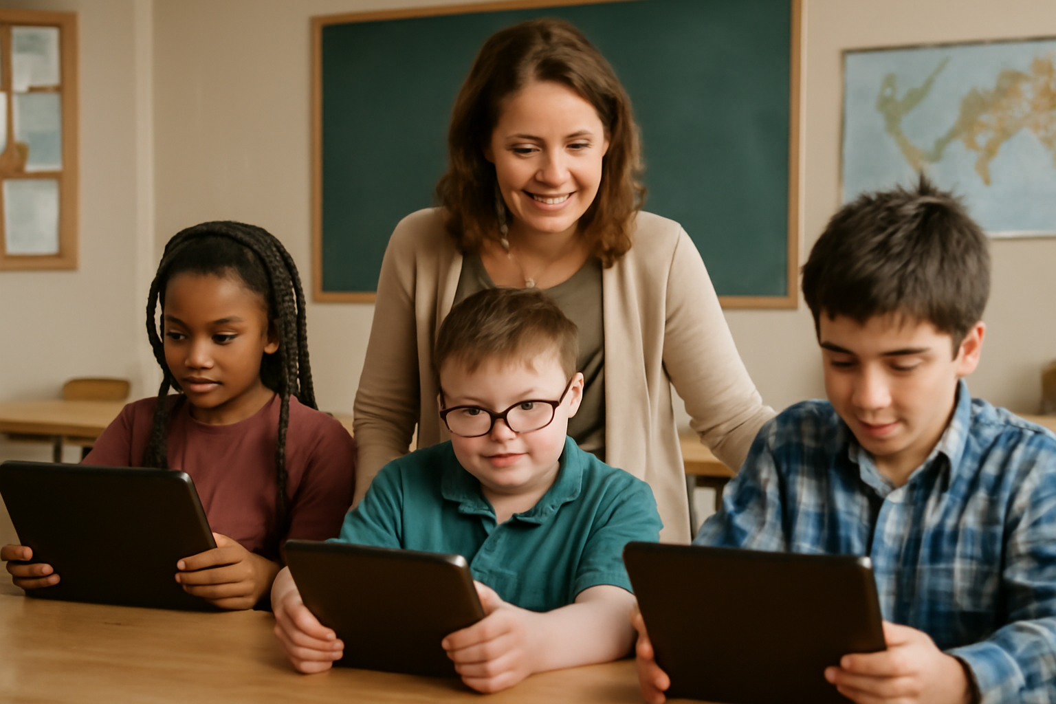 Special education teacher guiding engaged students using Gimkit on tablets in a supportive classroom setting.