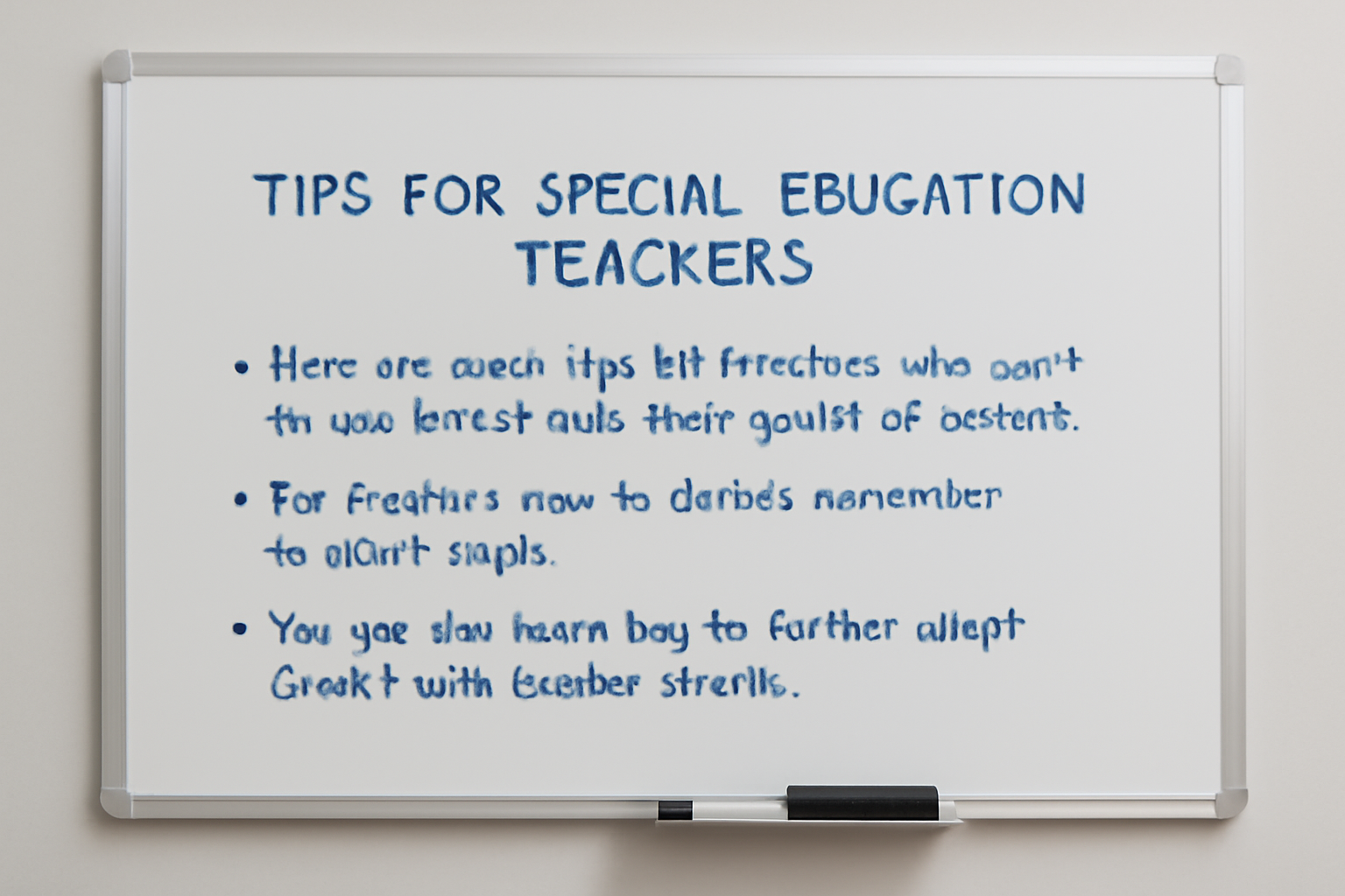 A classroom whiteboard displaying practical tips for special education teachers integrating Gimkit, with points about starting simple and using custom visuals.