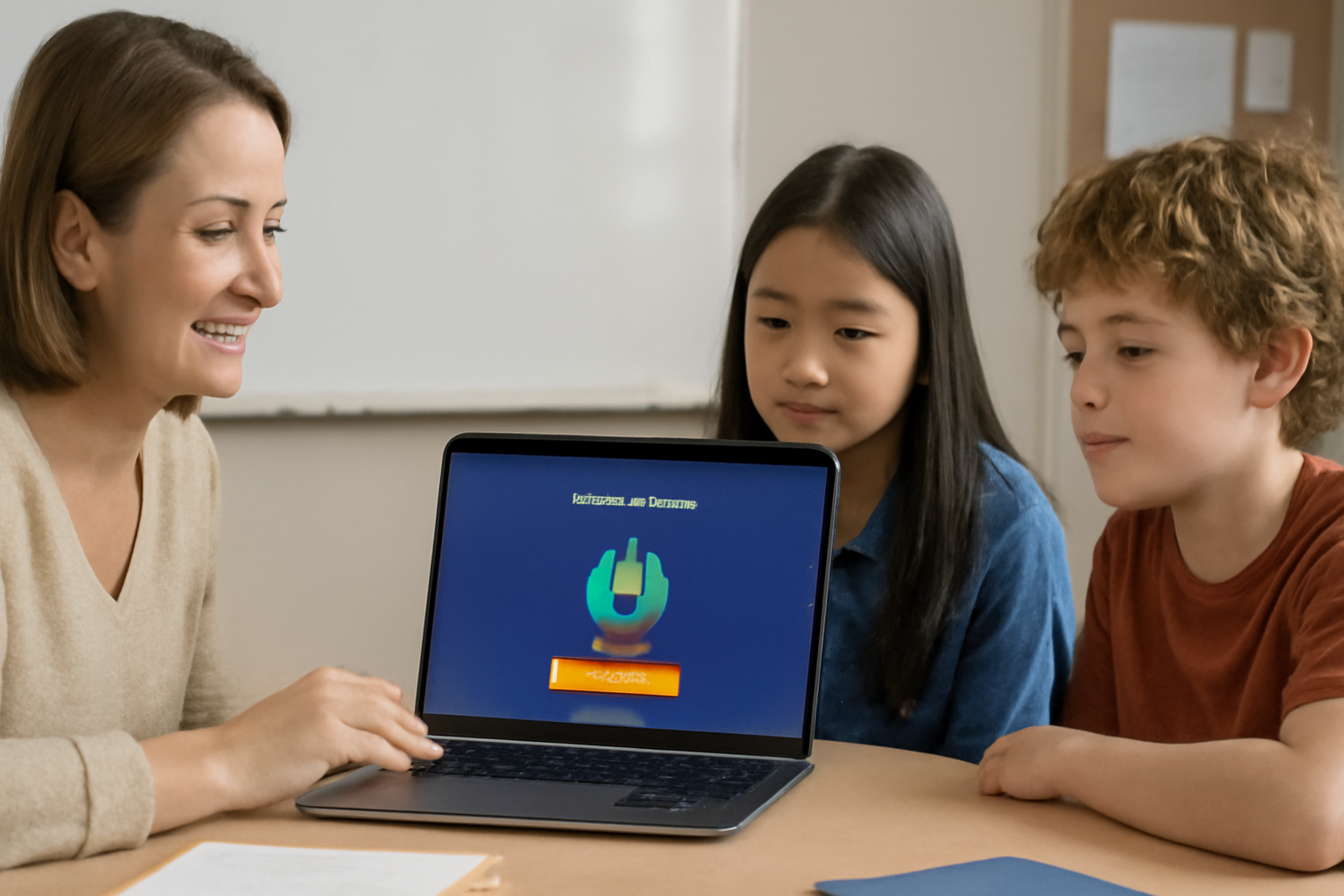 A teacher introduces one game mode on a laptop to a small group of students, illustrating a calm and focused approach to starting with Gimkit.