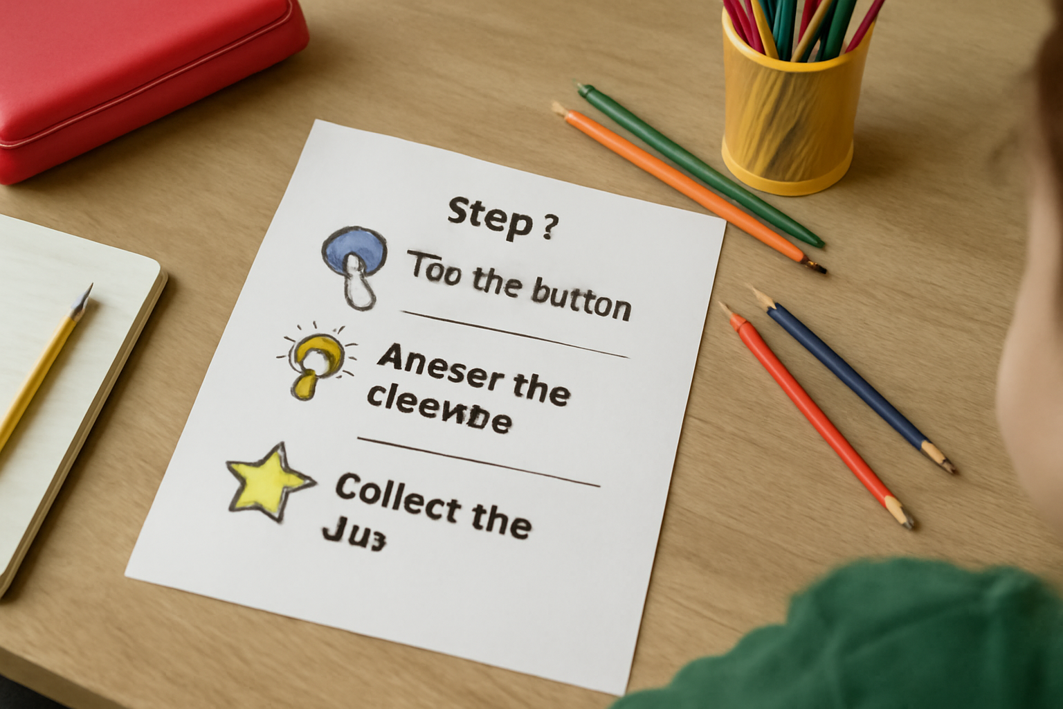  student desk with a printed instruction card using cartoon-style icons and clear steps, promoting easy understanding through visuals.