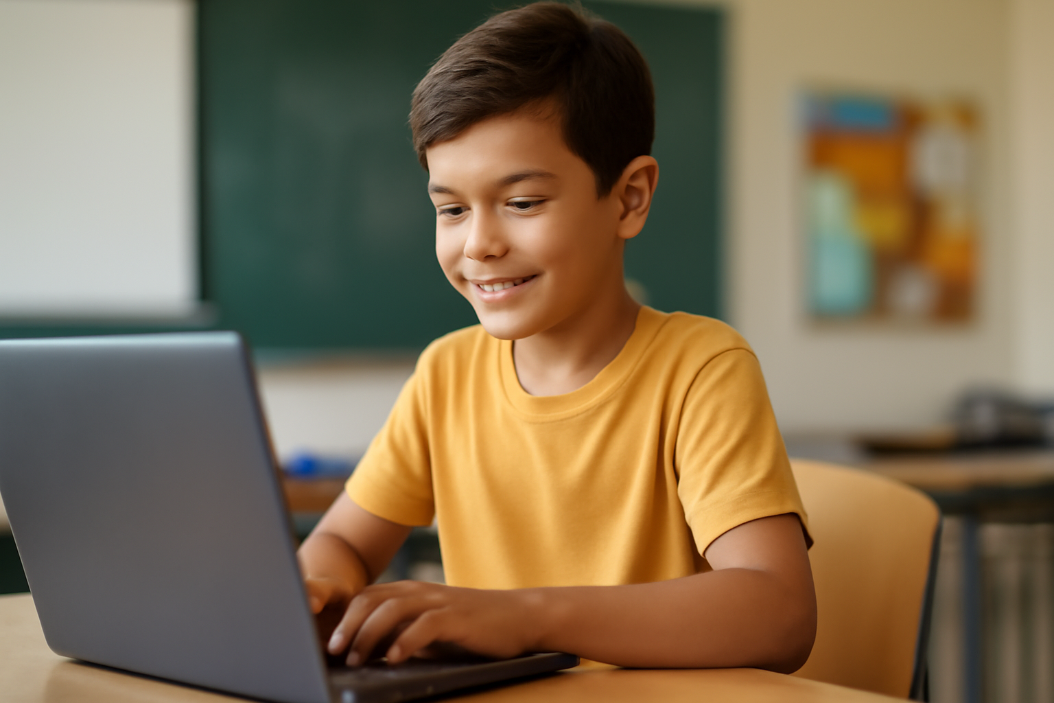 Young student with autism smiling and working on a laptop in a supportive classroom environment using Gimkit