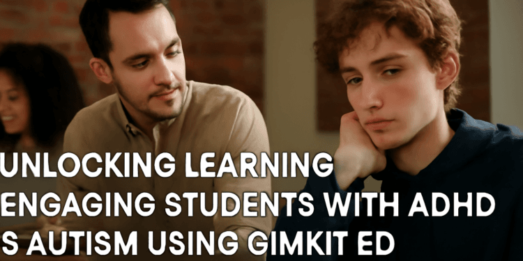 A special education teacher assists a student with autism in a classroom while another student engages with Gimkit on a laptop, showcasing inclusive learning.