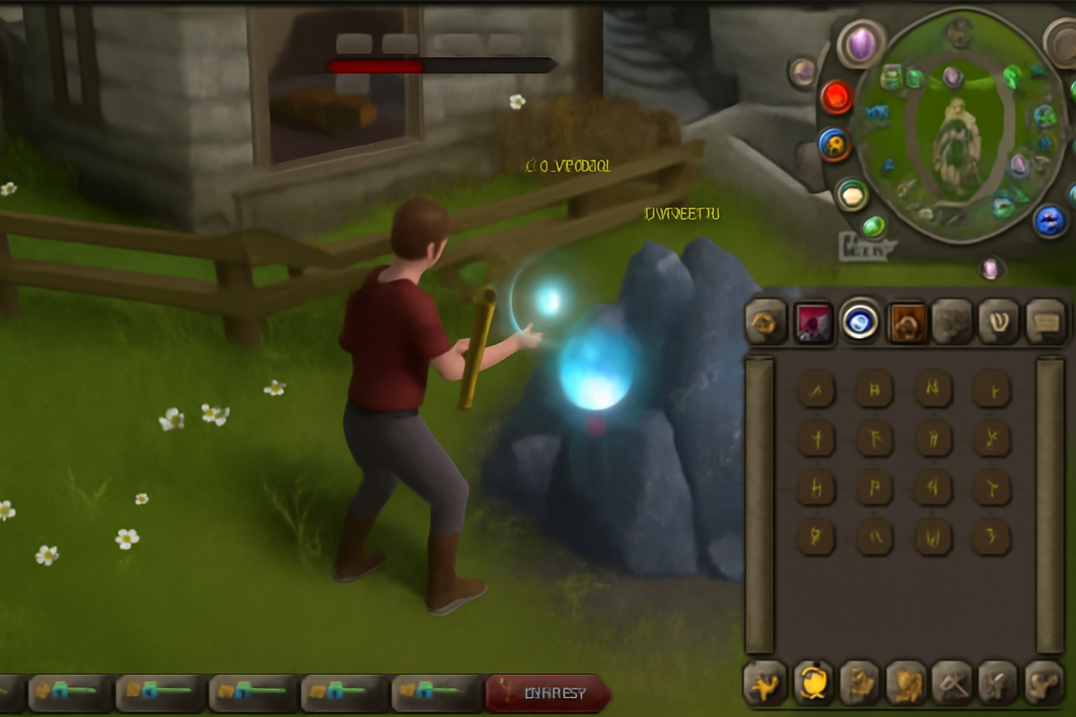 A focused young adult gamer playing an immersive fantasy game on a computer, showcasing gameplay choices and quest progress.