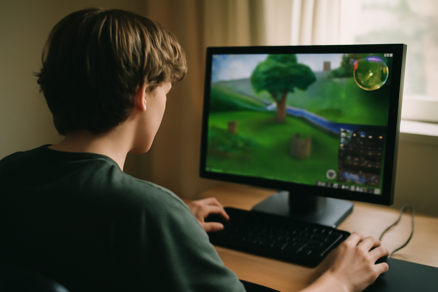 Young person focused on computer screen playing a fantasy game that develops problem-solving and planning skills, illustrating educational benefits of gamified learning