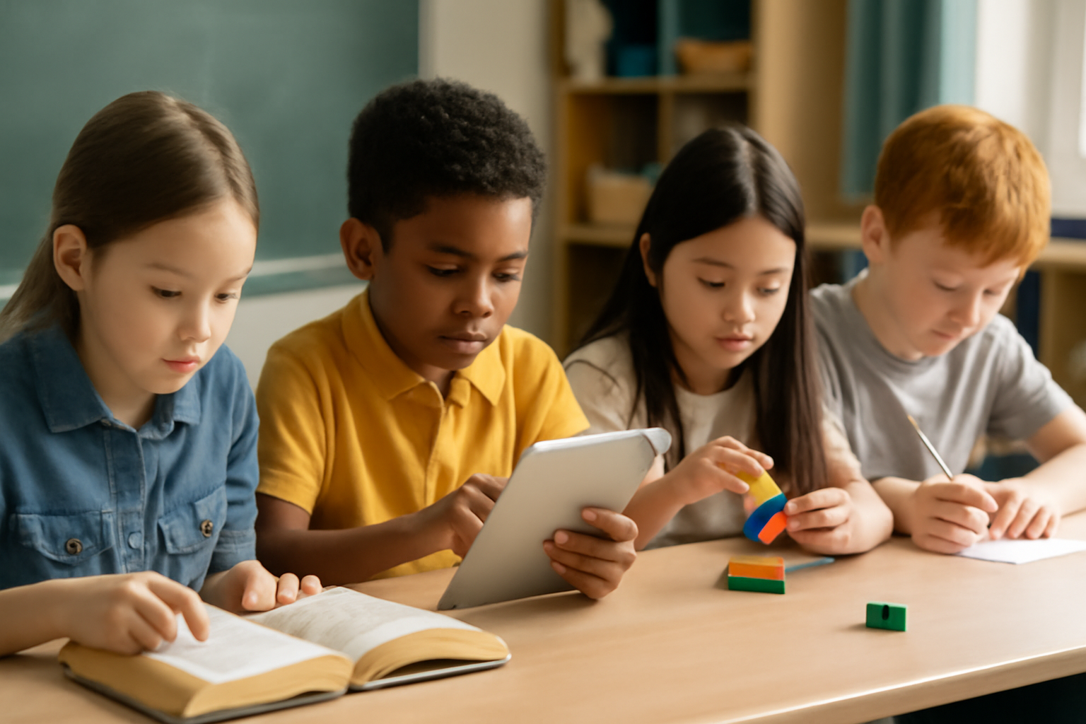 A group of diverse children learning in different ways including reading, using a tablet, and hands-on activities, representing various learning needs.