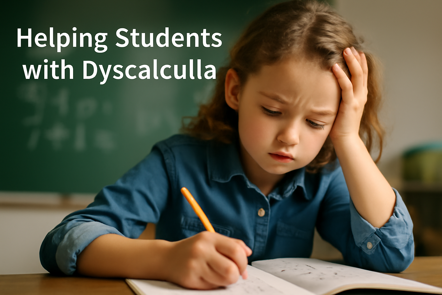 A young girl in a classroom looking frustrated while working on math problems, illustrating the challenges faced by students with dyscalculia. 