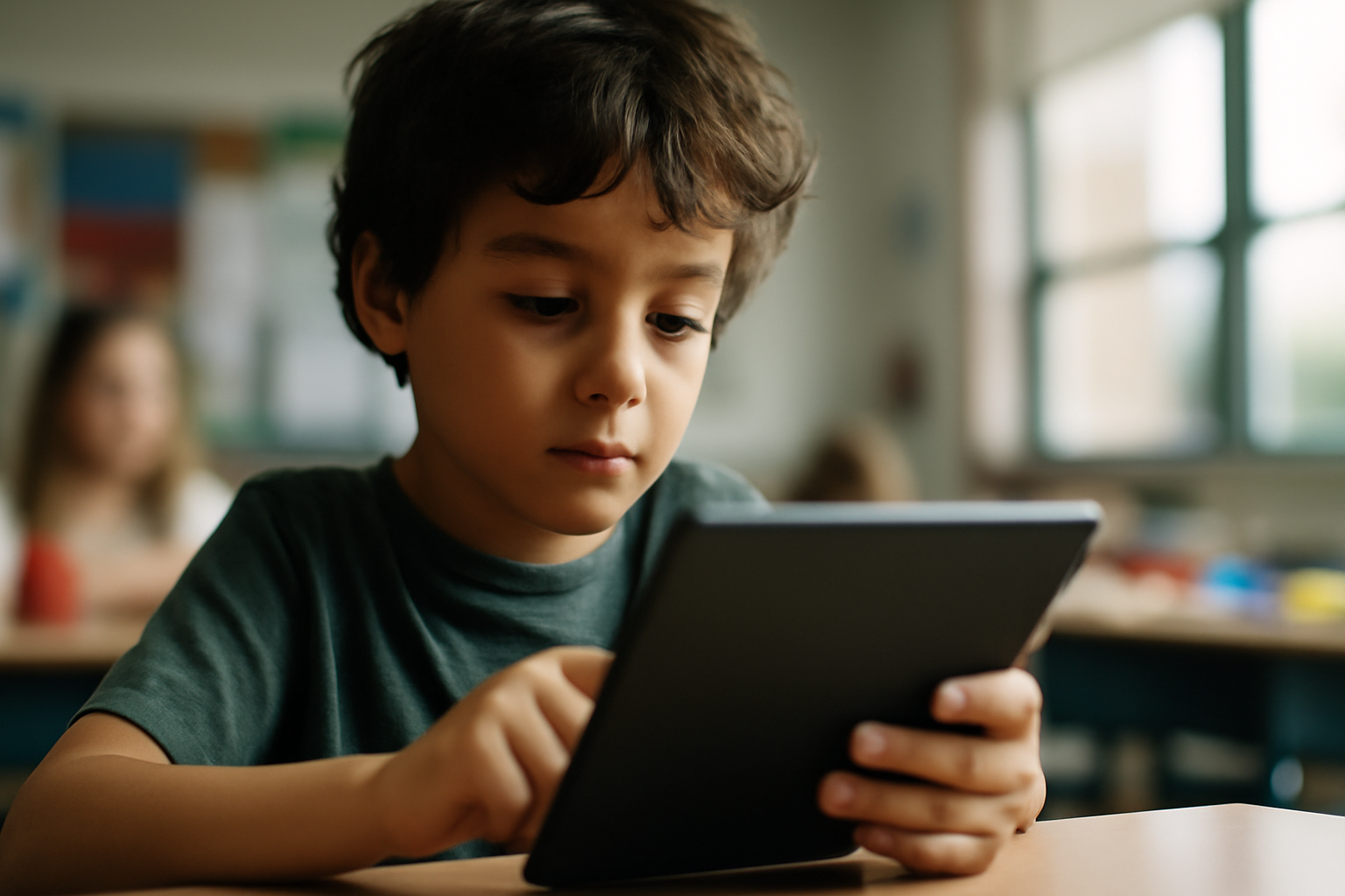 A young student with ADHD concentrating on a tablet during a classroom learning session, showing focused attention despite distractions