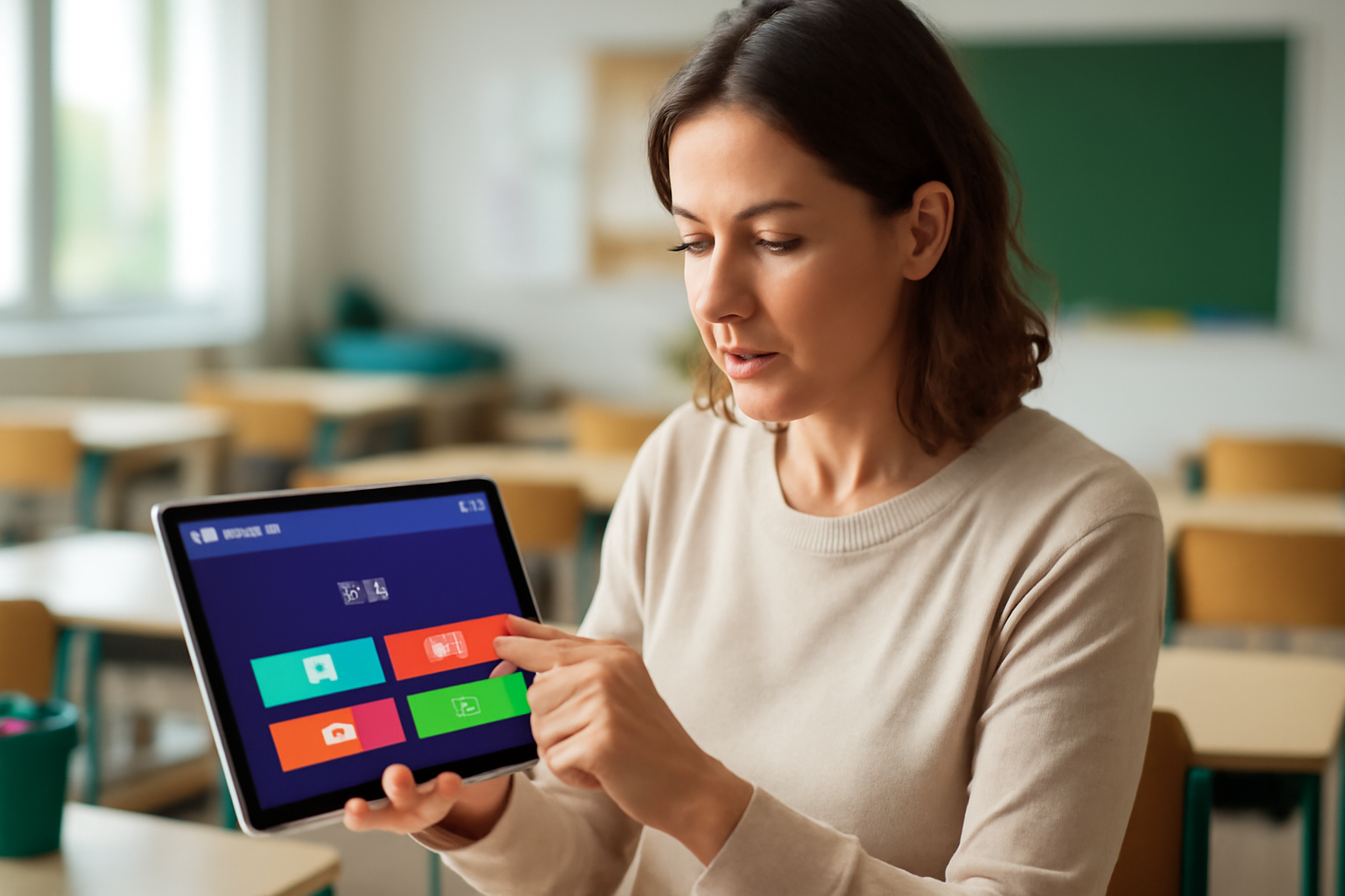 eacher using a tablet with Gimkit educational quiz app in a classroom, highlighting customizable EdTech tools for learning disabilities