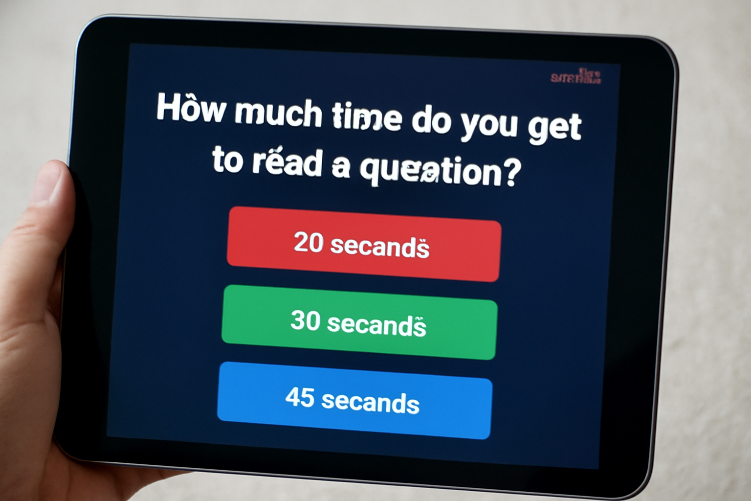 Close-up photo of a tablet screen displaying a quiz question about time limits with colored answer options, illustrating time accommodations in educational games like Gimkit.