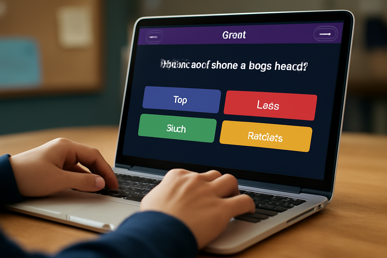 Hands of a student interacting with a Gimkit quiz on a laptop screen, showing multiple choice questions designed to help kids with dysgraphia by using simple words and answer options.