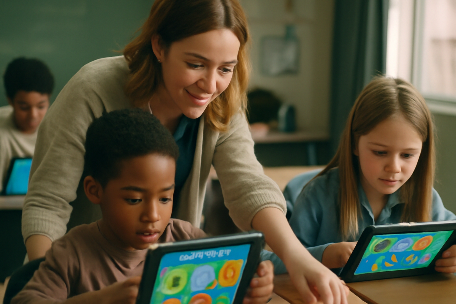 A teacher helping students with digital educational games on tablets featuring colorful images, illustrating the power of visuals in enhancing learning and supporting visual learners.