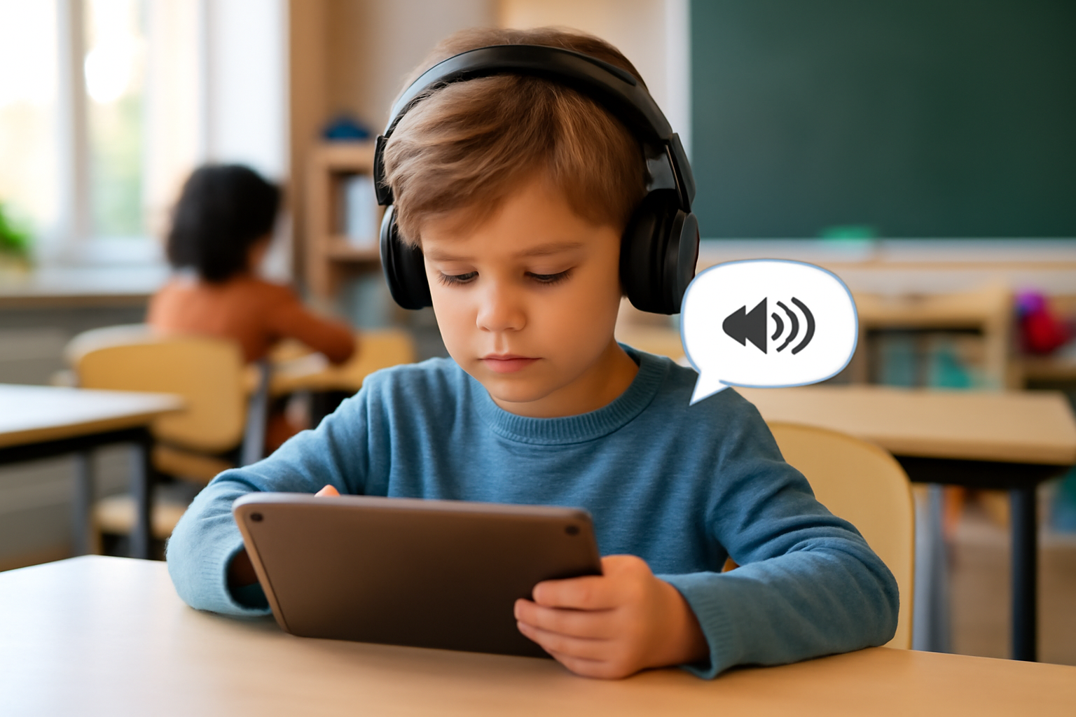 A young child wearing headphones using a tablet in a bright classroom, demonstrating audio support to assist kids with dyslexia in learning.
