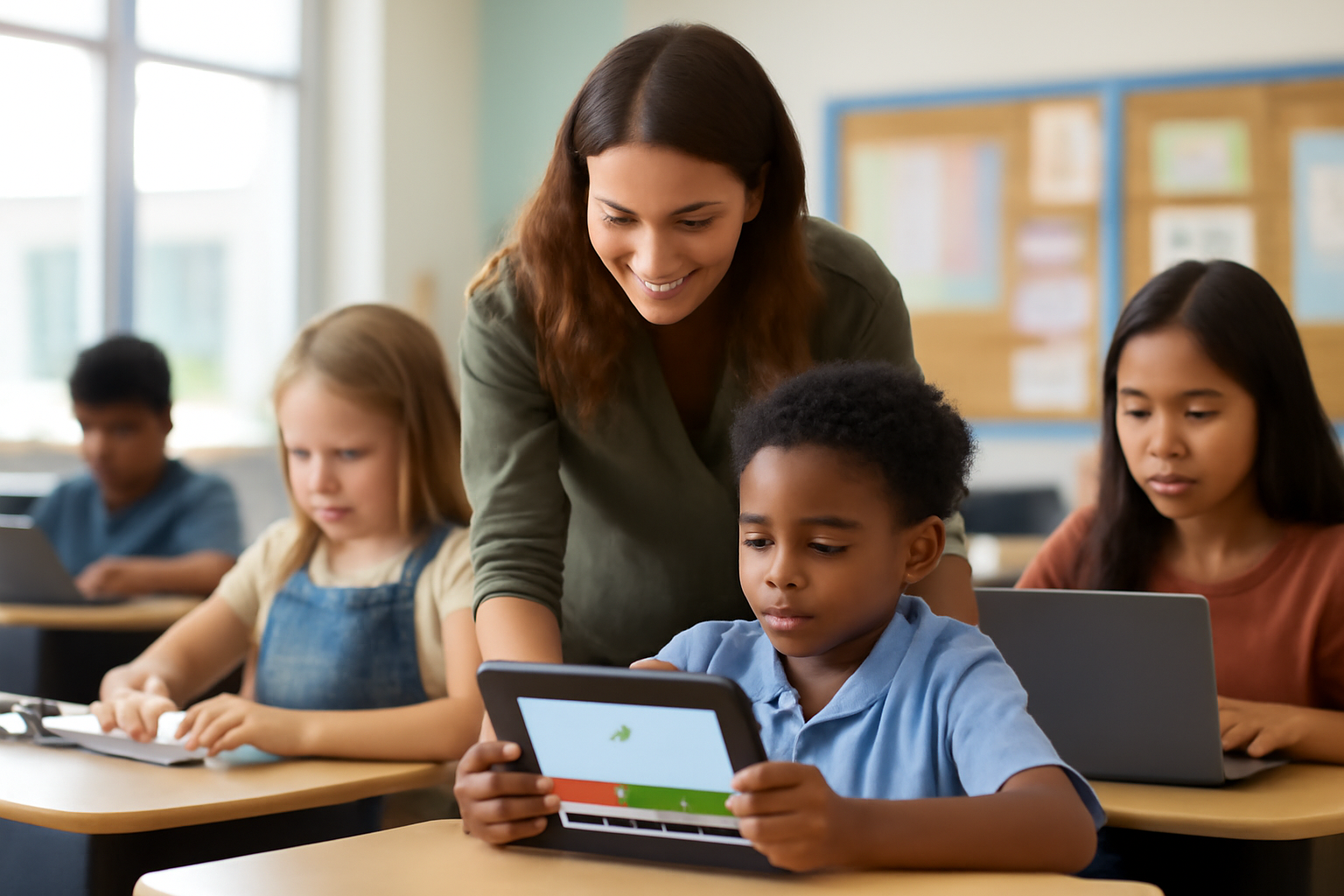 Teacher assisting diverse students using Gimkit on a tablet in a bright classroom, highlighting digital accommodations for different learning needs. 