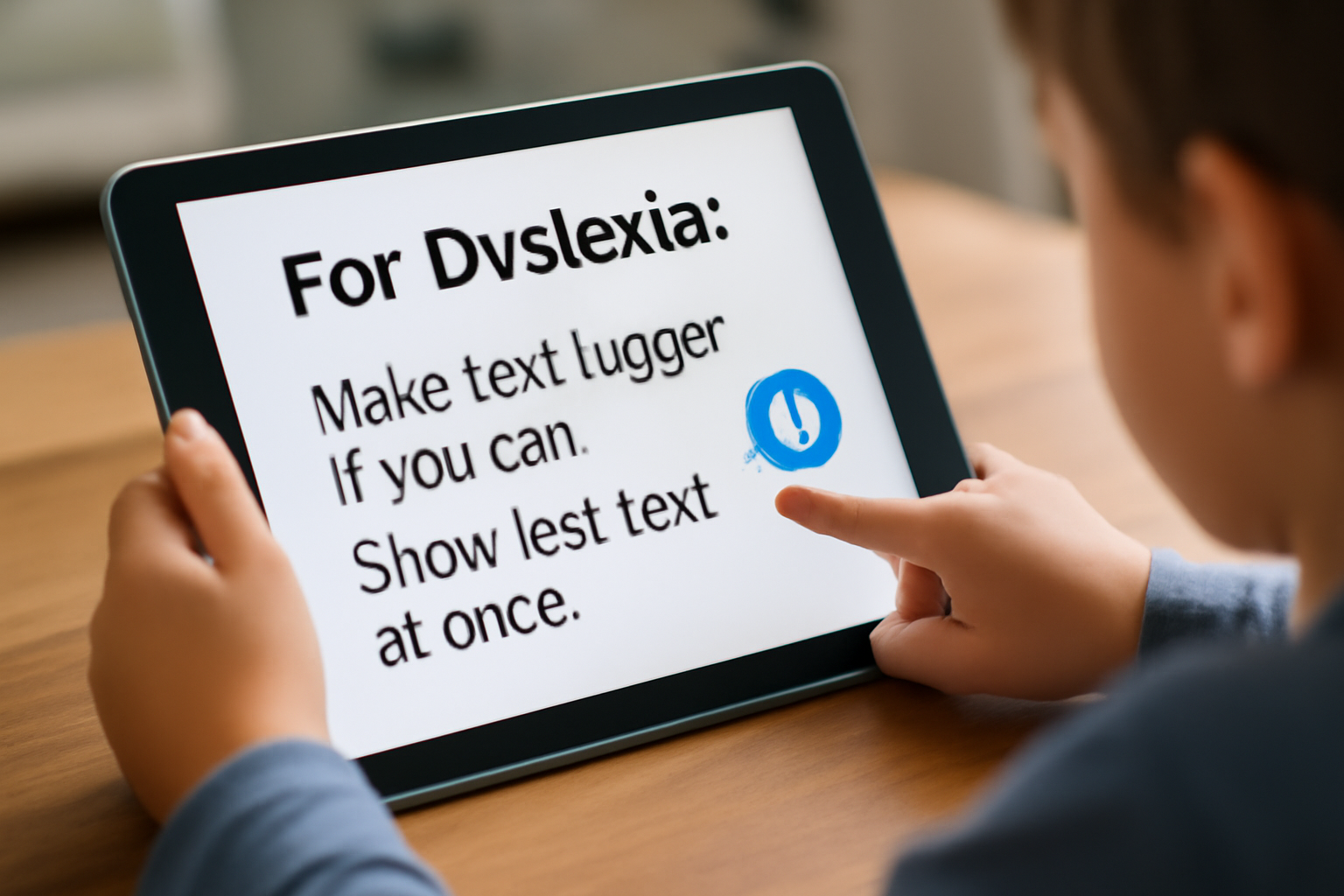 Child using a tablet displaying large Arial font text with text-to-speech software icon, demonstrating accessible learning tools for dyslexia.