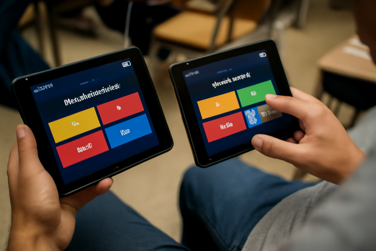 Two students using tablets to play an interactive Gimkit game with multiple-choice answers, supporting children with dysgraphia by minimizing writing.