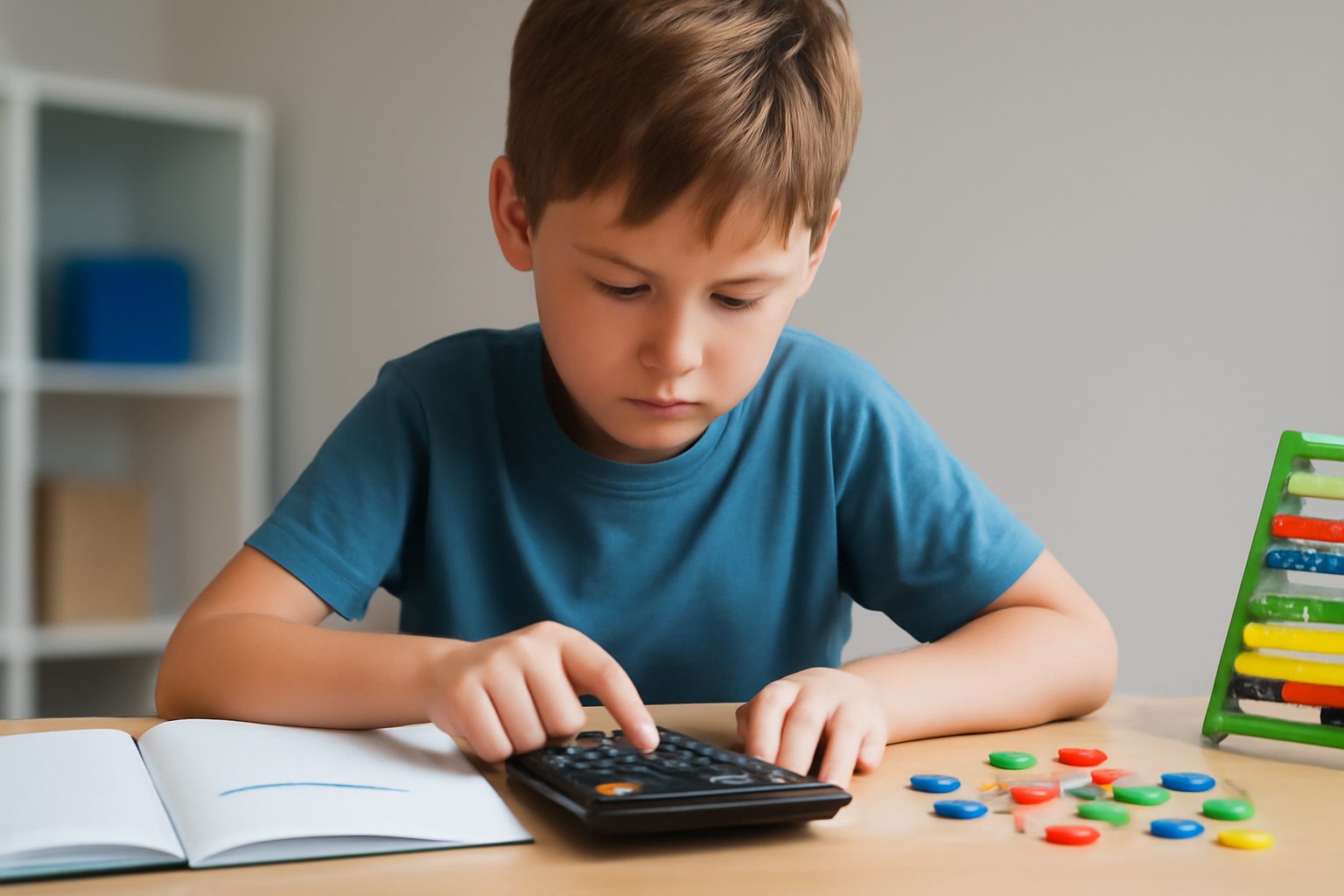  Child using a calculator and tactile counting tools to assist with math learning, illustrating supportive strategies for dyscalculia.