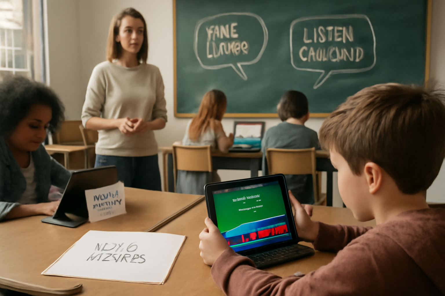 Students quietly playing a digital quiz game in a classroom with visual supports and teacher monitoring, helping children with auditory processing challenges.