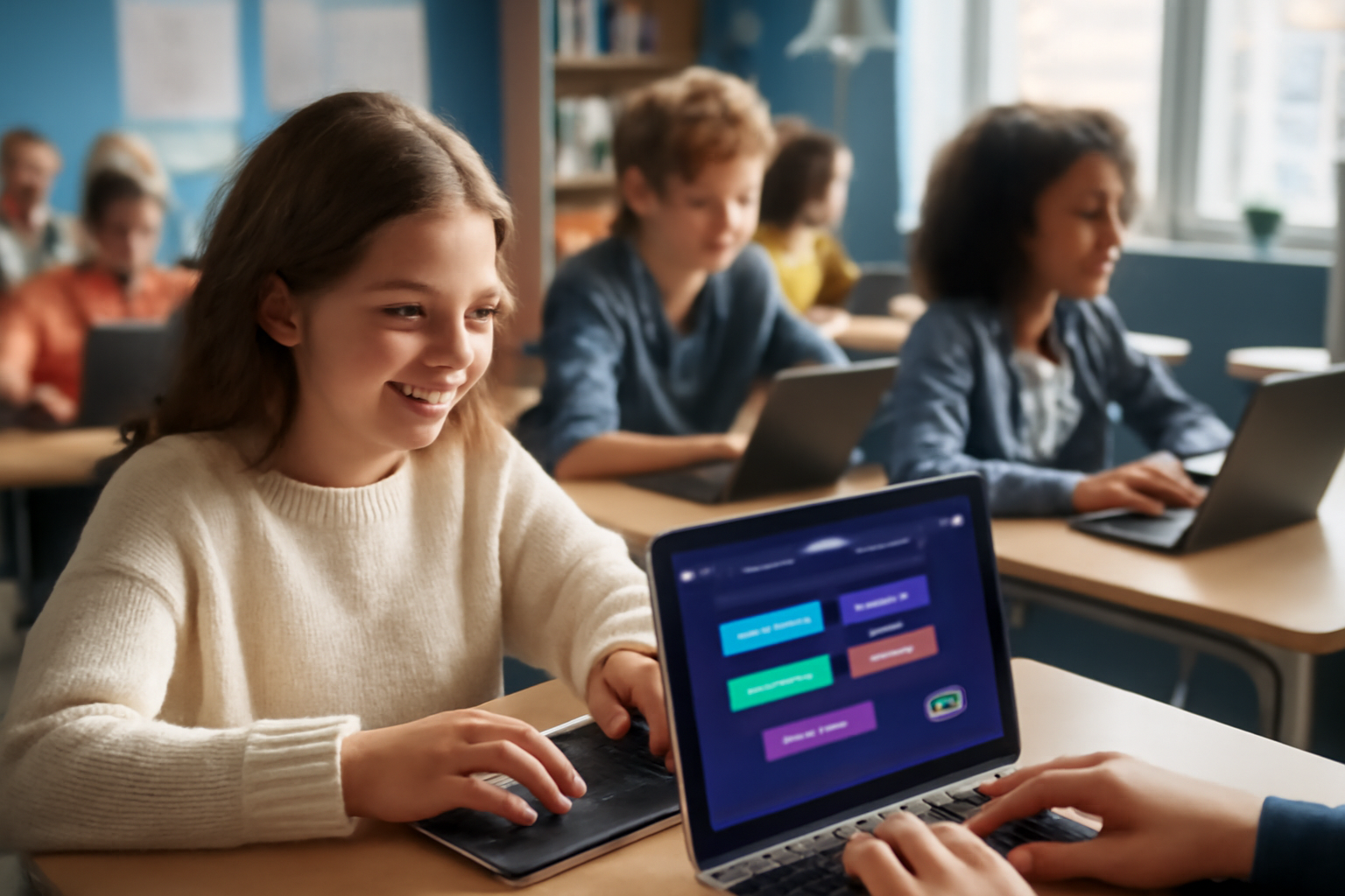 Students enthusiastically playing interactive Gimkit games on laptops in a bright classroom setting, showcasing dynamic and changeable game modes.