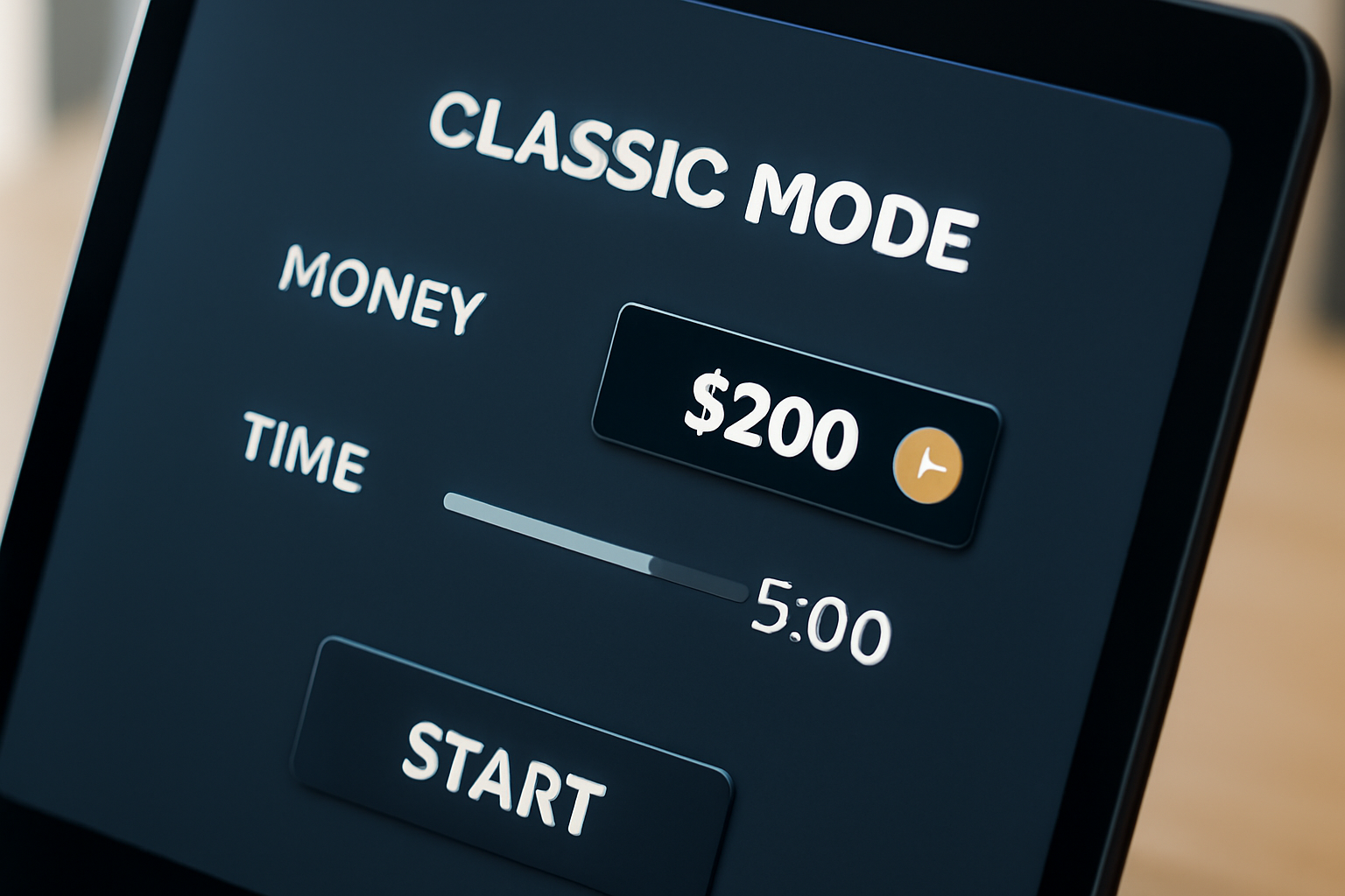 High quality close-up of a digital game interface displaying adjustable settings for money goals and time limits in Classic Mode.