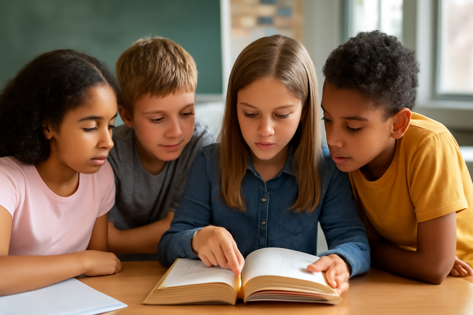 Four diverse elementary school students collaborating and reading together in a bright classroom, promoting teamwork and peer learning.
