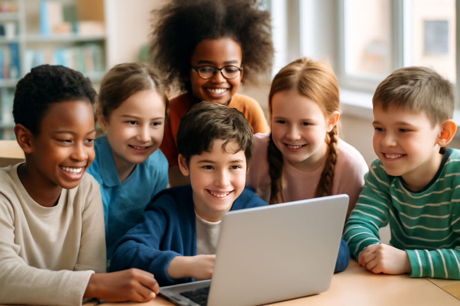 A diverse group of children smiling and collaborating on a laptop in a bright classroom, showing excitement while using educational technology.