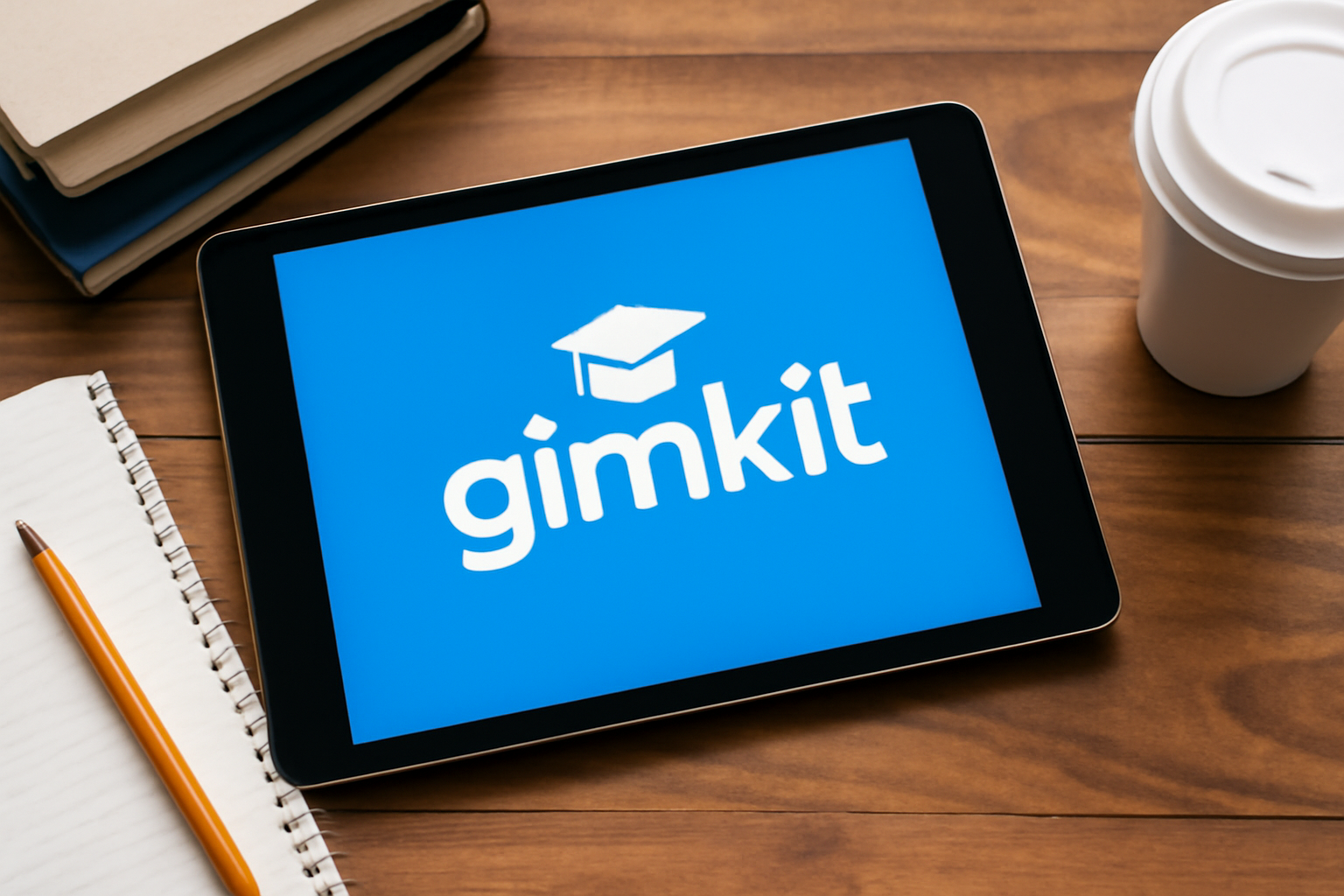 A tablet displaying the bright blue Gimkit logo on a wooden desk with a notebook, pencil, books, and a coffee cup, representing teachers learning how to use Gimkit effectively. 