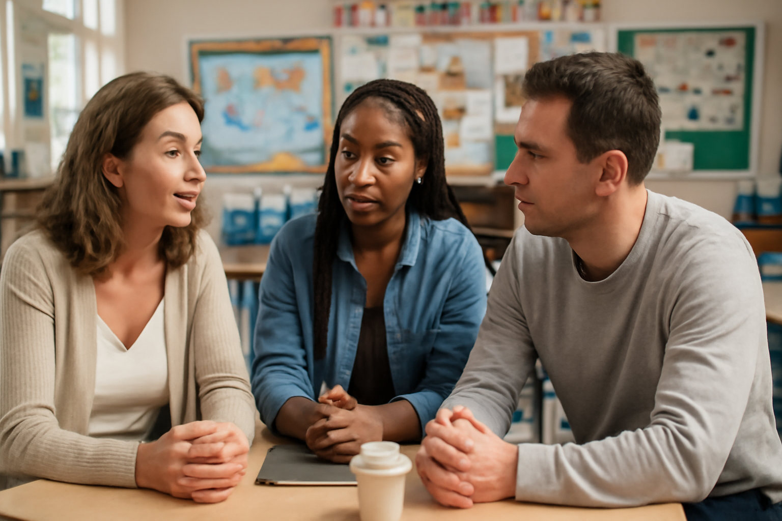 Three educators in a bright classroom engaged in a thoughtful conversation, sharing ideas about special education support.