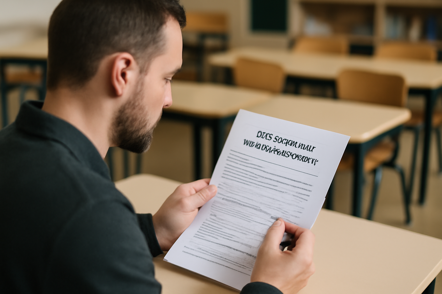 Teacher carefully reviewing a student’s Individualized Education Plan (IEP) document in a classroom, highlighting personalized learning support for each child’s educational needs