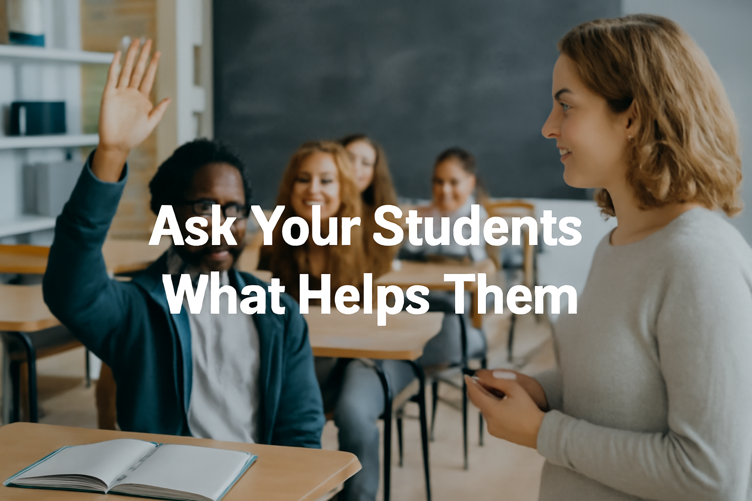 Teacher engaging with diverse students in a classroom as a student raises his hand to share what helps his learning.