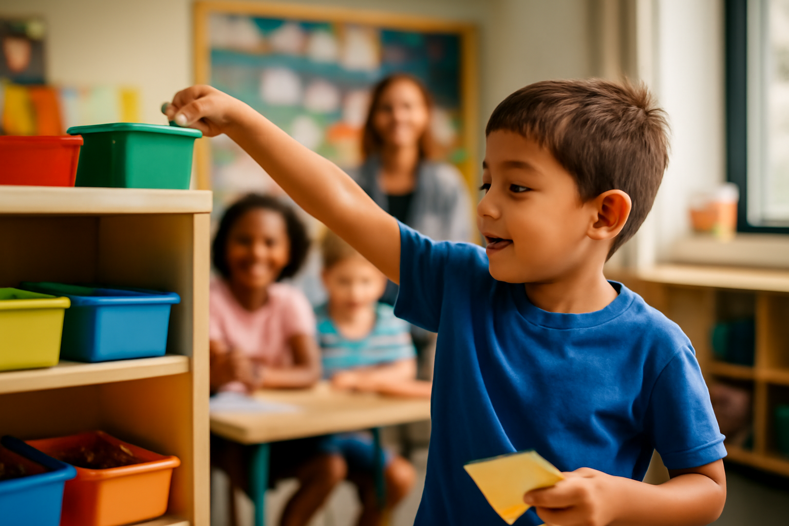 A bright, engaging classroom scene where a child confidently chooses learning materials, surrounded by smiling peers and a supportive teacher.