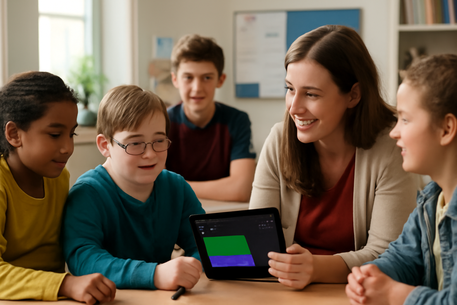Student with learning disability concentrating on an educational quiz app on a laptop screen.