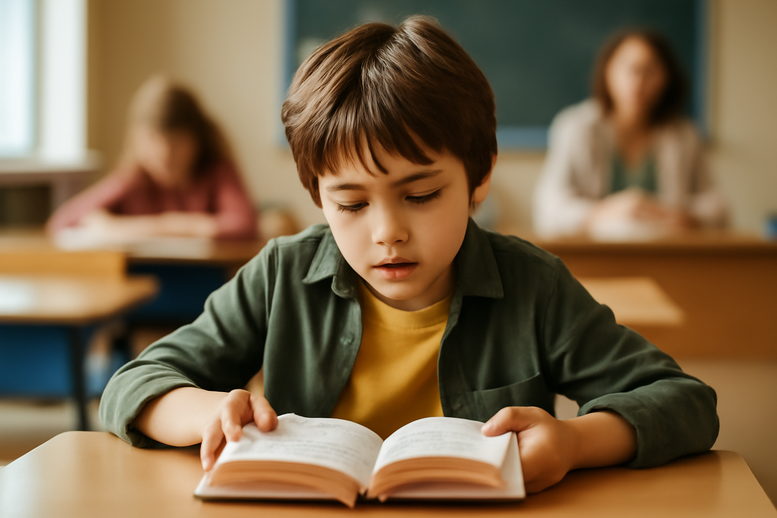 A young student concentrating on reading in a classroom, illustrating support for children with dyslexia and learning difficulties.