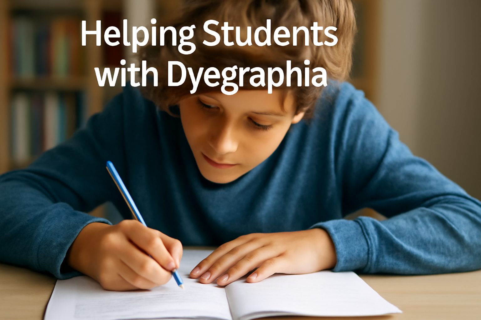 A focused young student writing carefully in a notebook, highlighting challenges faced by students with dysgraphia, with a warm background of books.