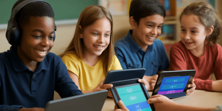 A diverse group of students engaged in a fun and accessible digital learning game, highlighting support for learning disabilities with customizable accommodations.