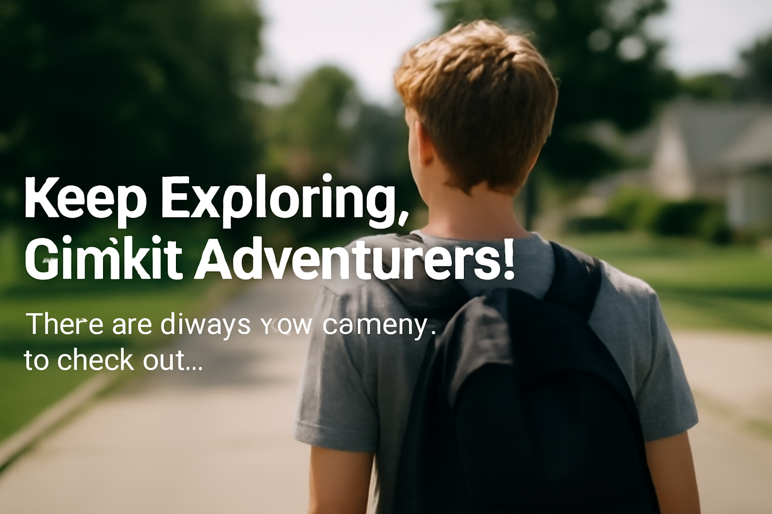 A student with a backpack walks into the distance on a sunny neighborhood path, symbolizing the journey of discovering hidden features in Gimkit.