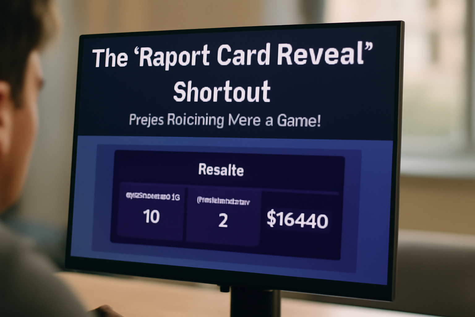 A young gamer views his end-of-game report on a computer screen, showing results and earnings instantly through the 'R' shortcut on Gimkit.