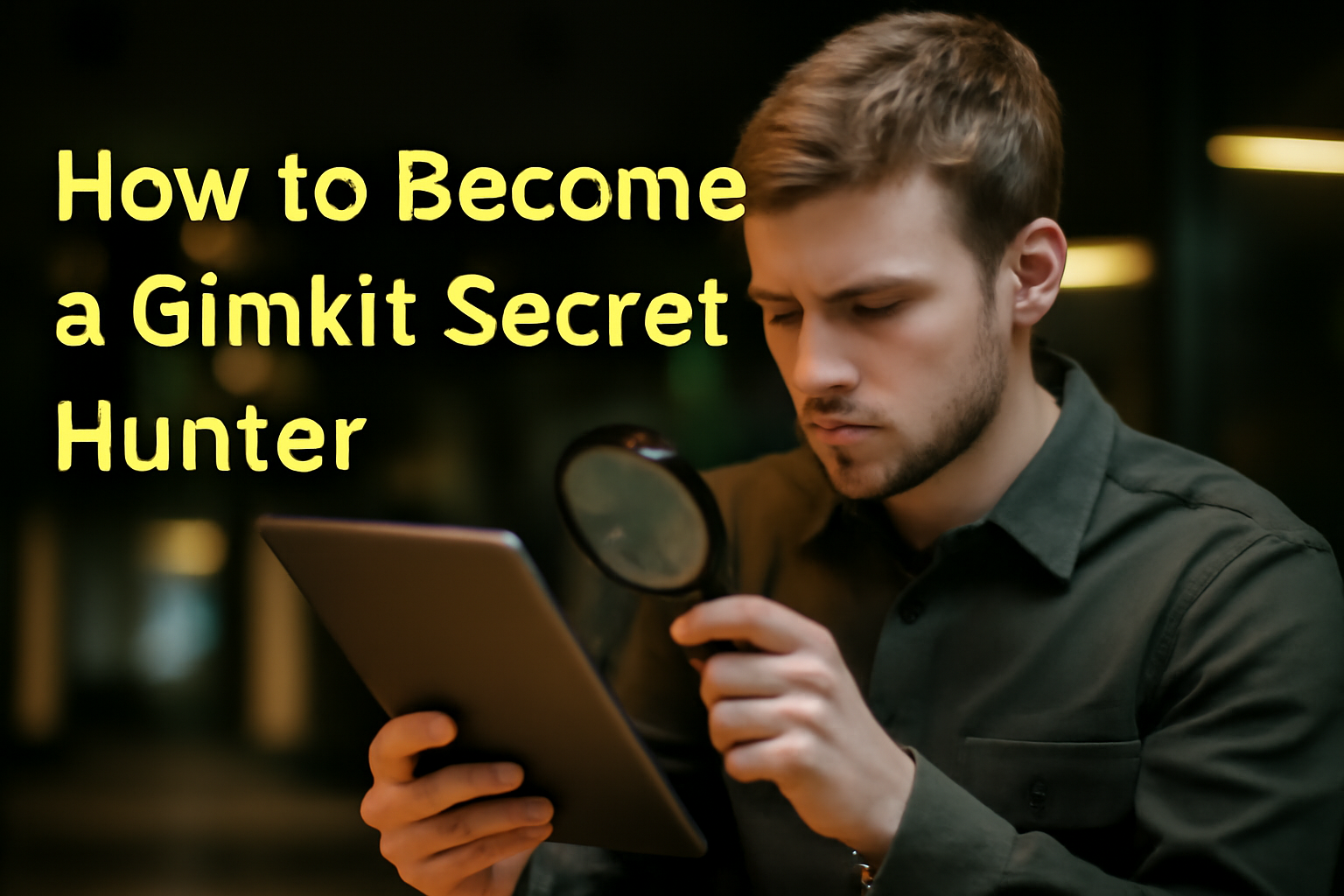 A young man using a magnifying glass to inspect a tablet screen, representing curiosity and digital investigation for discovering Gimkit secrets.