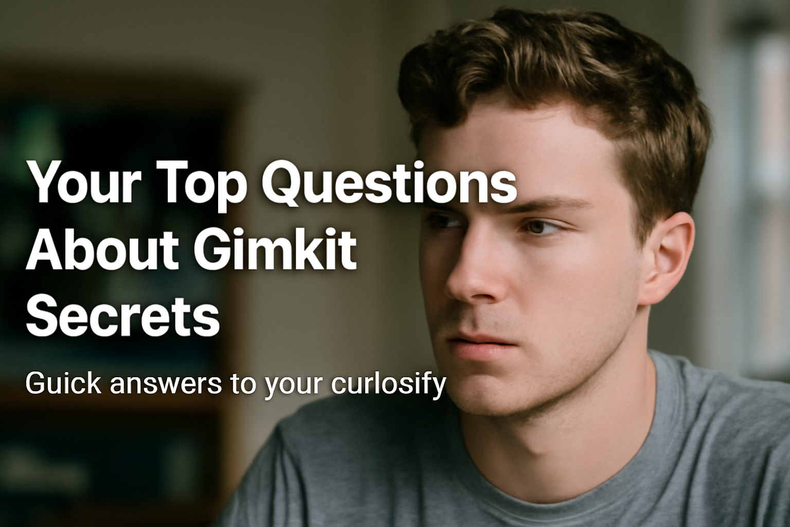 A young man in a focused expression sits indoors, symbolizing curiosity and interest in uncovering Gimkit secrets and easter eggs.