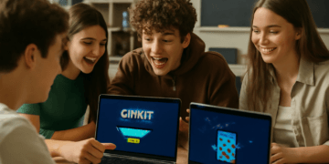 A group of students exploring hidden Gimkit shortcuts and Easter eggs on laptops, discovering fun and surprising features in the educational game.