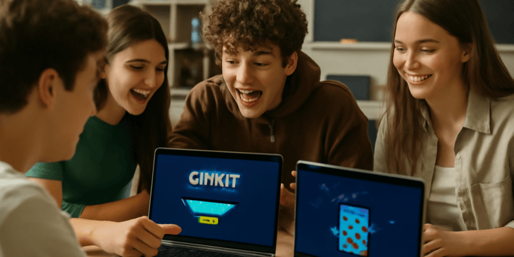 A group of students exploring hidden Gimkit shortcuts and Easter eggs on laptops, discovering fun and surprising features in the educational game.