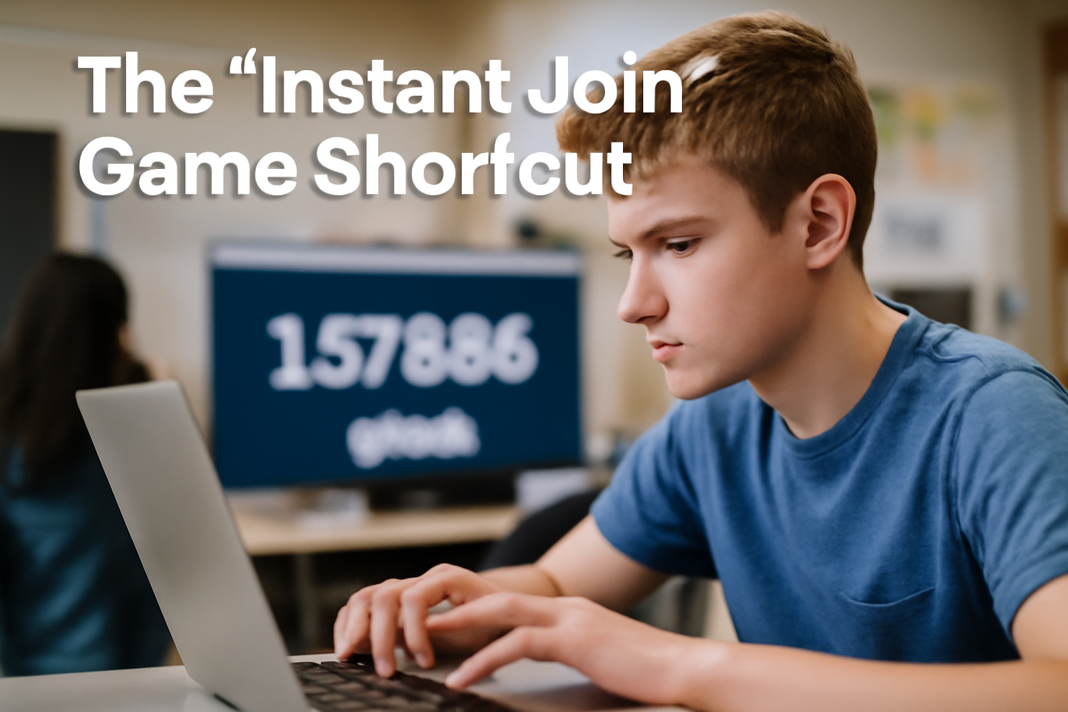 Young student preparing to join a Gimkit game, typing the game code directly into a laptop. Classroom background with game code on a whiteboard
